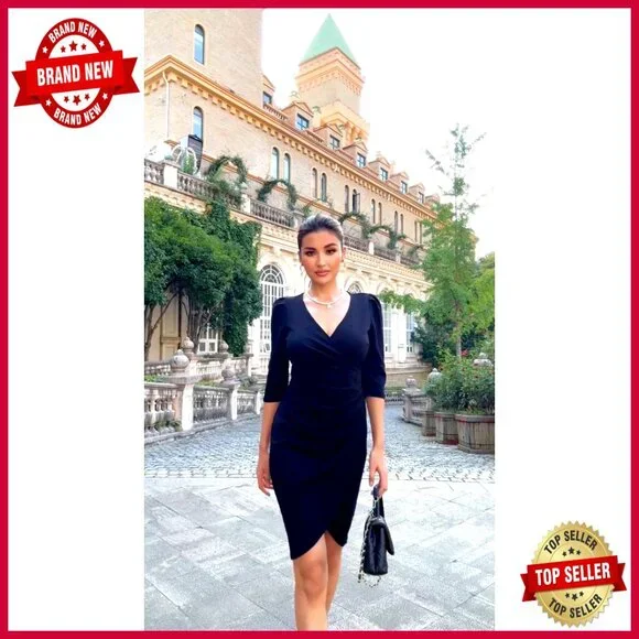 Sexy V Neck 3/4 Sleeve Faux Wrap Ruched Sheath Bodycon Party Cocktail Dress - Picture 4 of 7